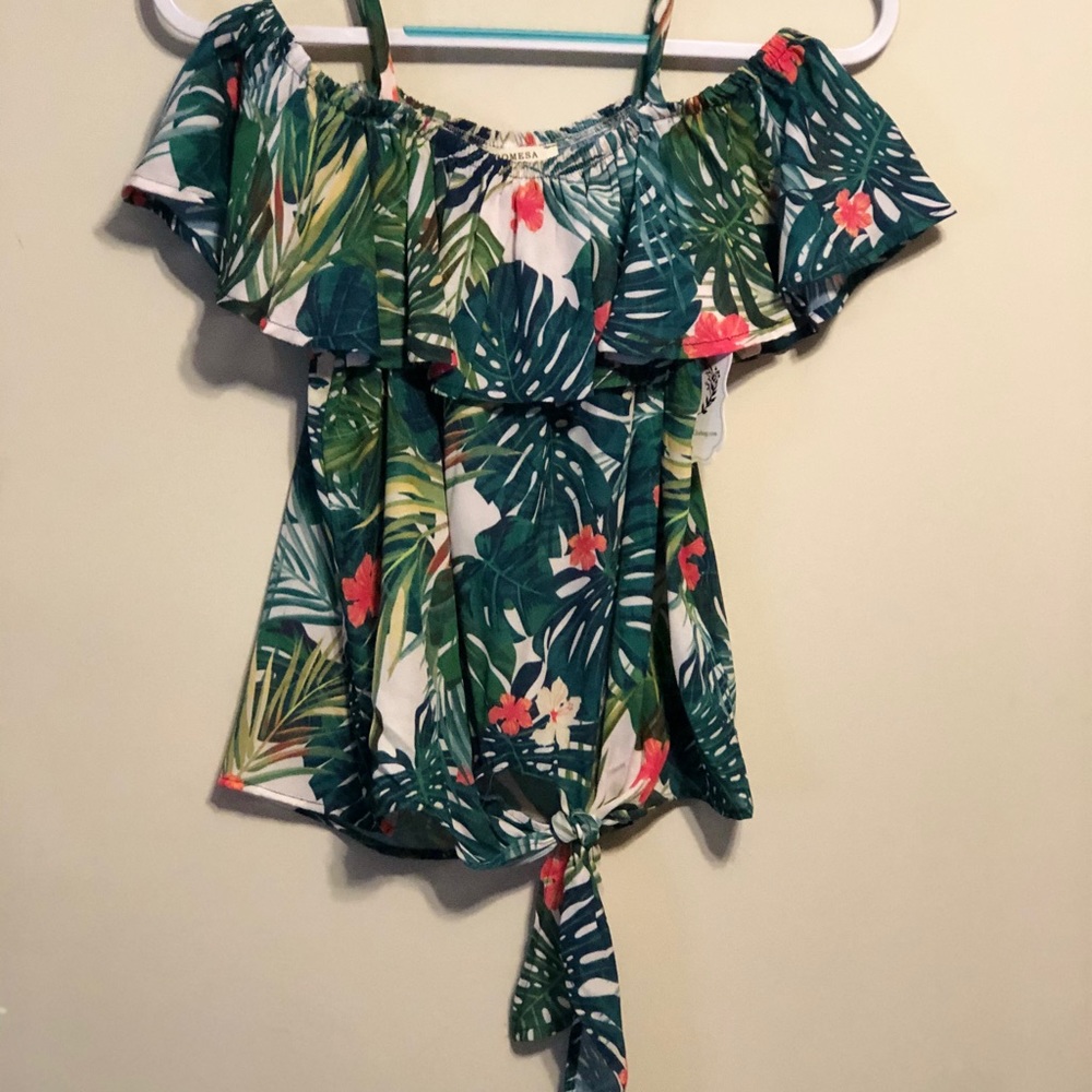 Tropical off the Shoulder Blouse w/ front tie.